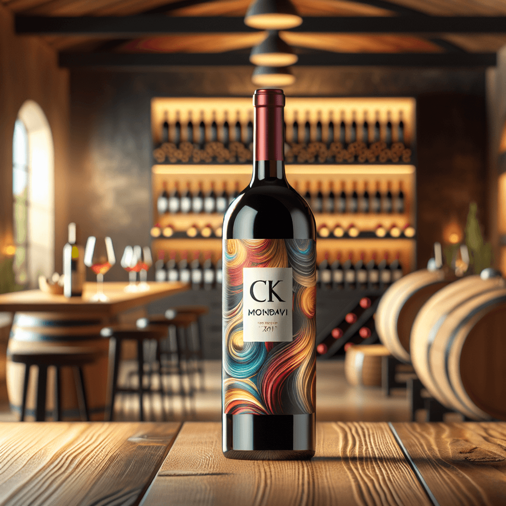 A bottle of CK Mondavi wine featuring a vibrant, modern label design with artistic elements, set against a stylish winery backdrop.
