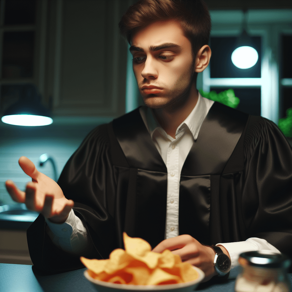 A young man in graduation attire sitting at a kitchen table at night, reaching for a late-night snack, with a somber and reflective mood.
