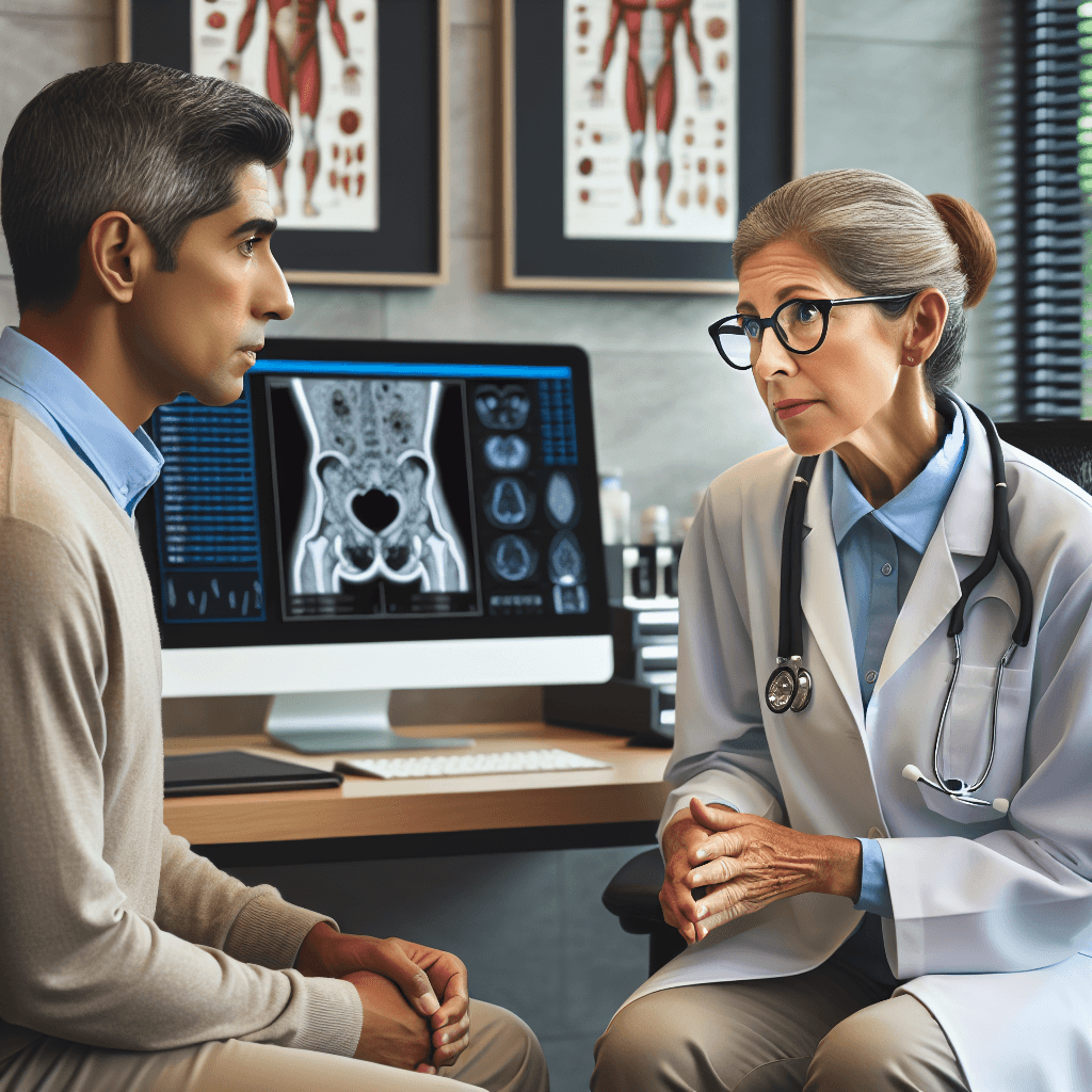A concerned middle-aged patient consulting with a doctor in a modern medical office, highlighting awareness and early detection of colon cancer.