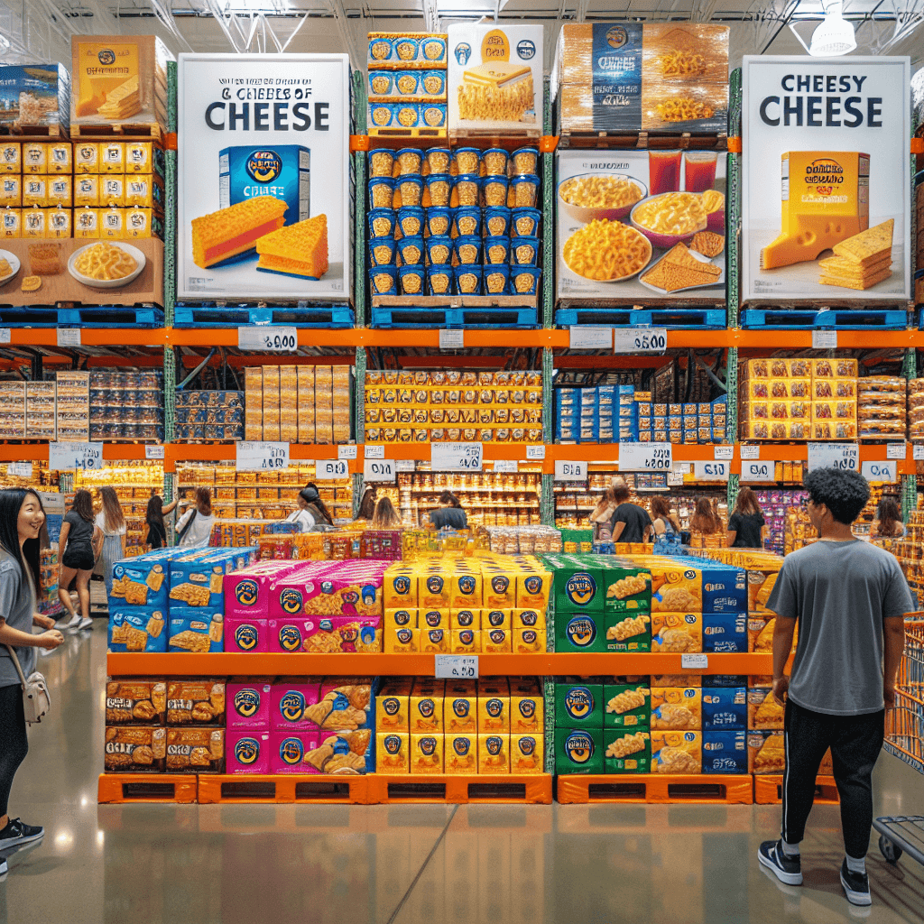 A vibrant Costco store aisle with neatly stacked shelves of cheesy pantry staples, featuring bright packaging and a sale sign, with excited shoppers nearby.
