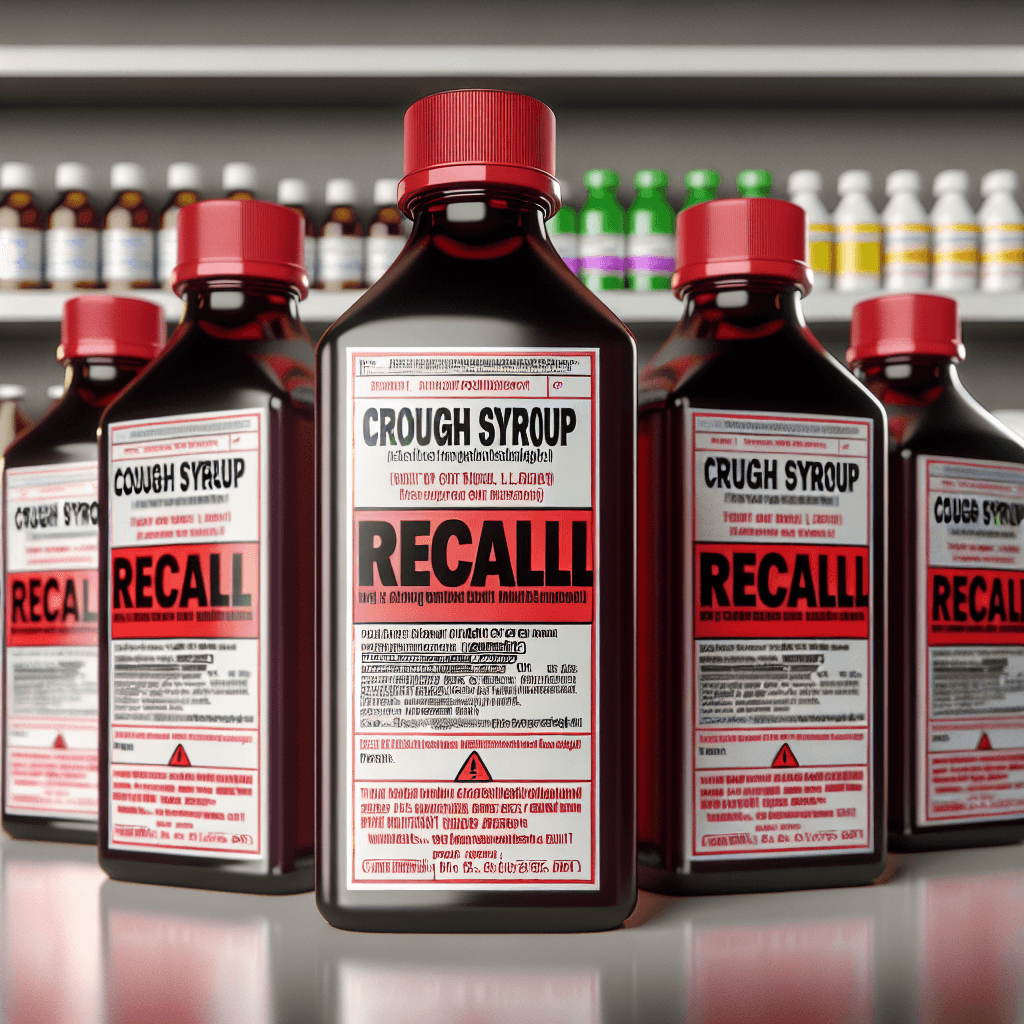 A close-up of various cough syrup bottles on a pharmacy shelf with a bold red recall warning label across the image.