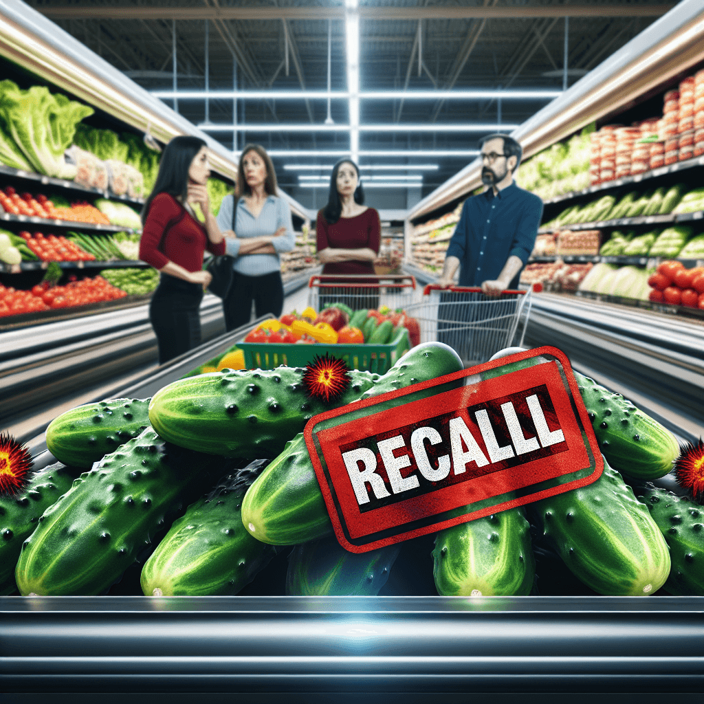 A close-up of fresh cucumbers in a grocery store produce section, with a bold red recall warning label overlaid, and concerned shoppers in the background.