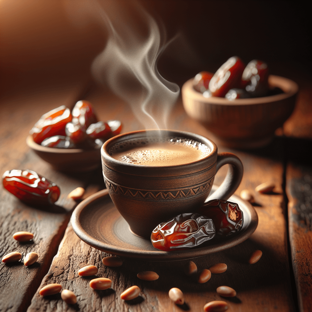 A steaming cup of date seed coffee on a wooden table, surrounded by whole dates and date seeds, with warm, natural lighting.