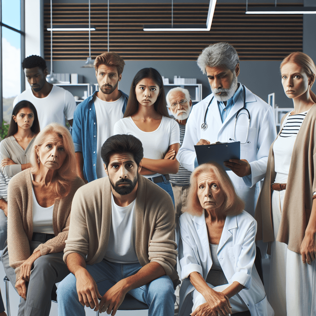 A diverse group of adults under 50 look concerned, with a medical professional reviewing a health chart in a modern clinic setting.