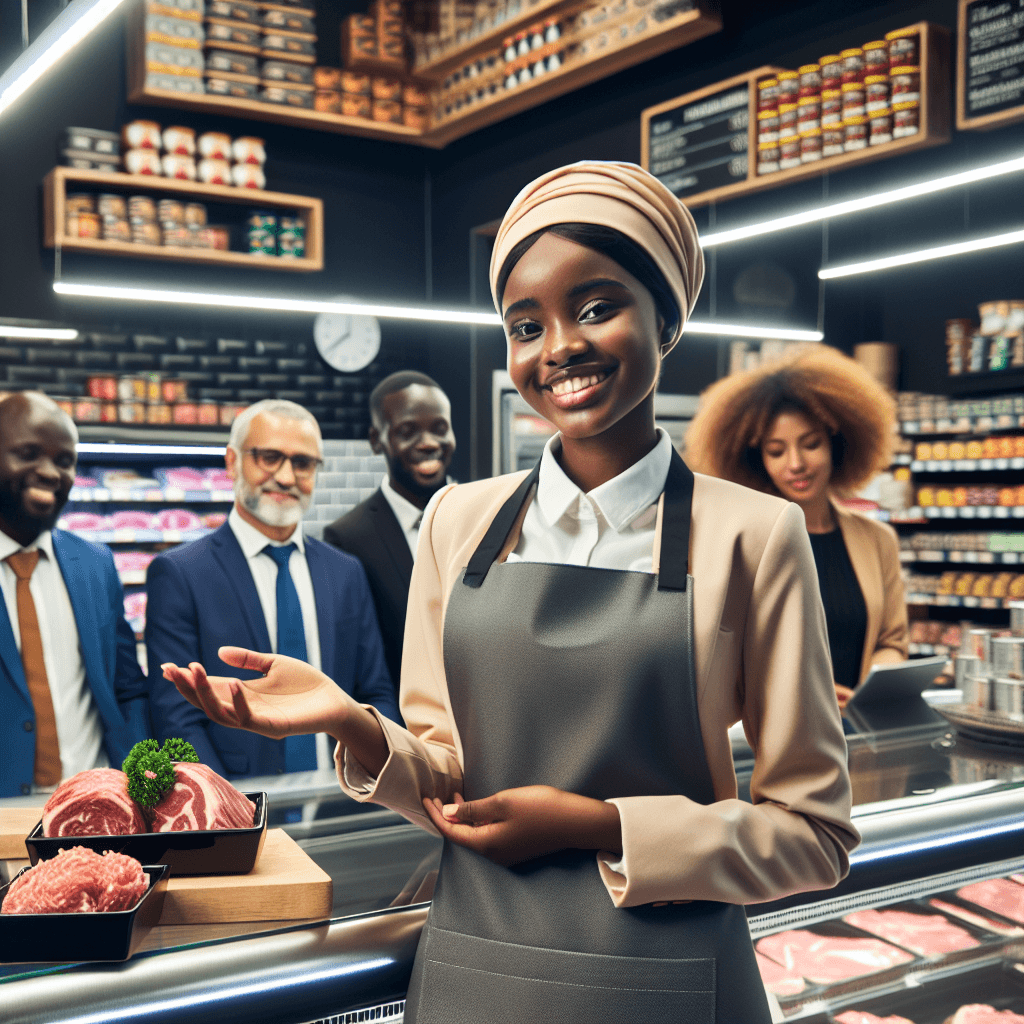 A confident Ugandan woman entrepreneur in a modern butcher shop, showcasing halal meat products and engaging with customers.