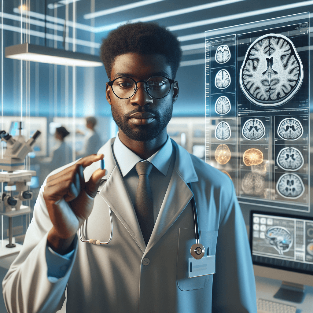 A close-up of a scientist holding a pill and examining brain scans, with a blurred background featuring medical research equipment.