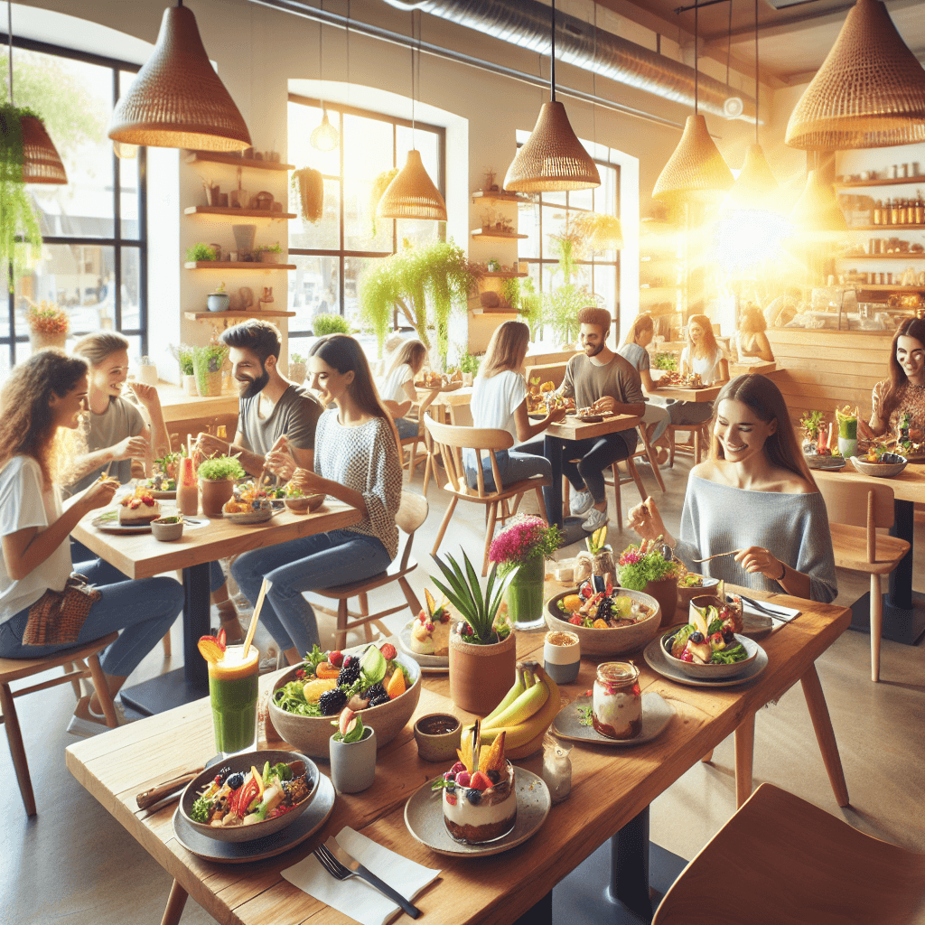 A bright, inviting cafe interior with natural lighting, colorful healthy dishes like salads and smoothie bowls on wooden tables, and happy customers enjoying their meals.