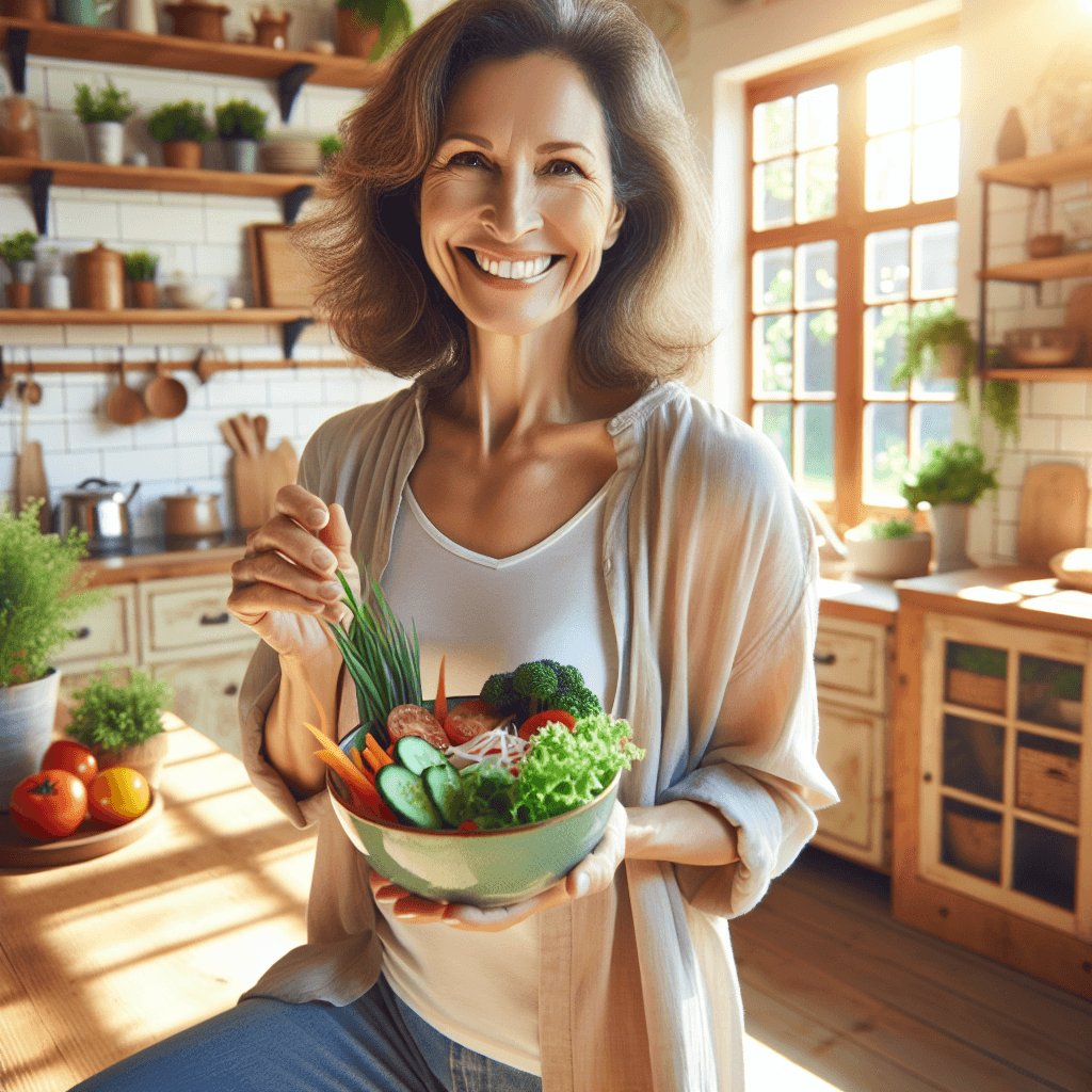 A smiling middle-aged woman enjoying a fresh, colorful salad in a sunny kitchen, exuding health and vitality.
