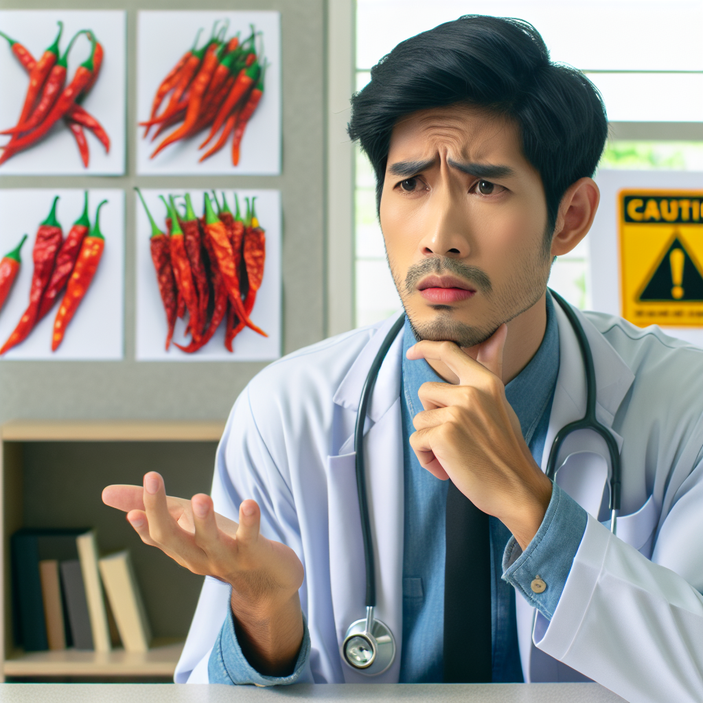 Concerned doctor speaking about spicy food risks, with background showing chili peppers and a caution sign, in a neutral medical setting.
