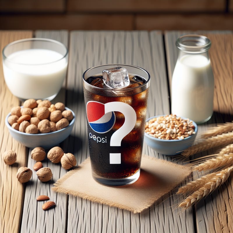 A clear glass of Pepsi with ice cubes on a wooden table, surrounded by common allergens like nuts, milk, and wheat, with a question mark overlay.