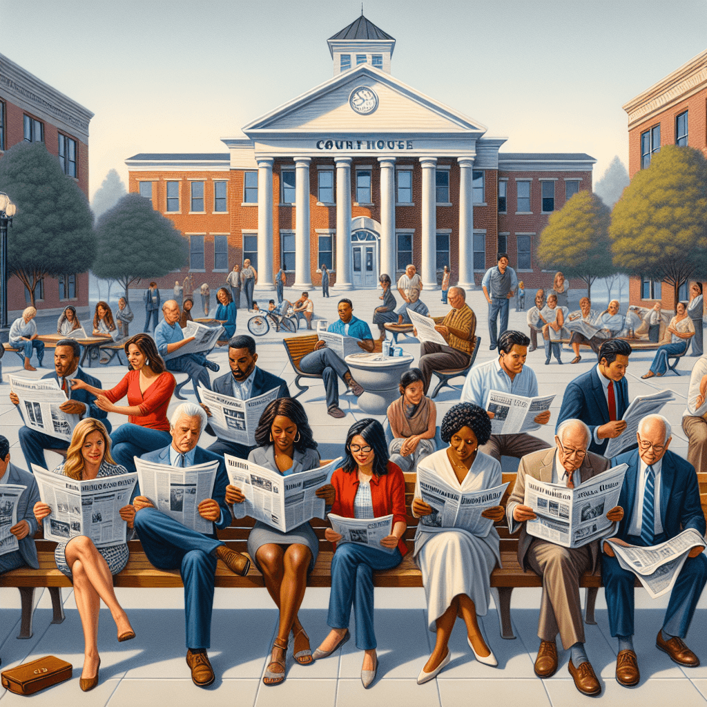 A diverse group of people reading newspapers and discussing community issues in a small-town setting, with a courthouse in the background.