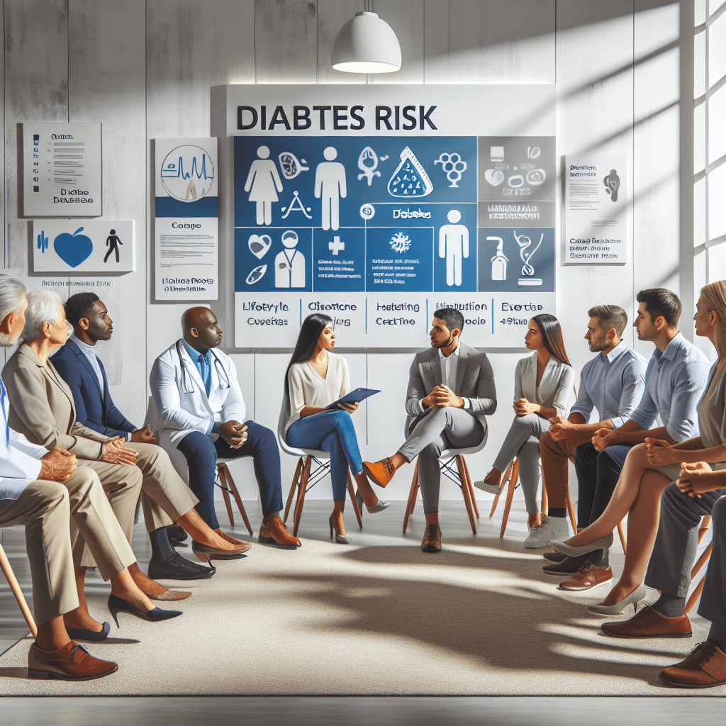 A diverse group of adults in a doctor's office discussing a diabetes risk chart, highlighting lifestyle factors and prevention tips.