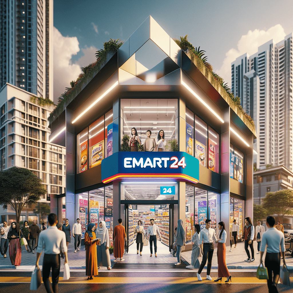 A vibrant emart24 convenience store exterior with customers entering and exiting, showcasing modern signage and a bustling urban location in Malaysia.