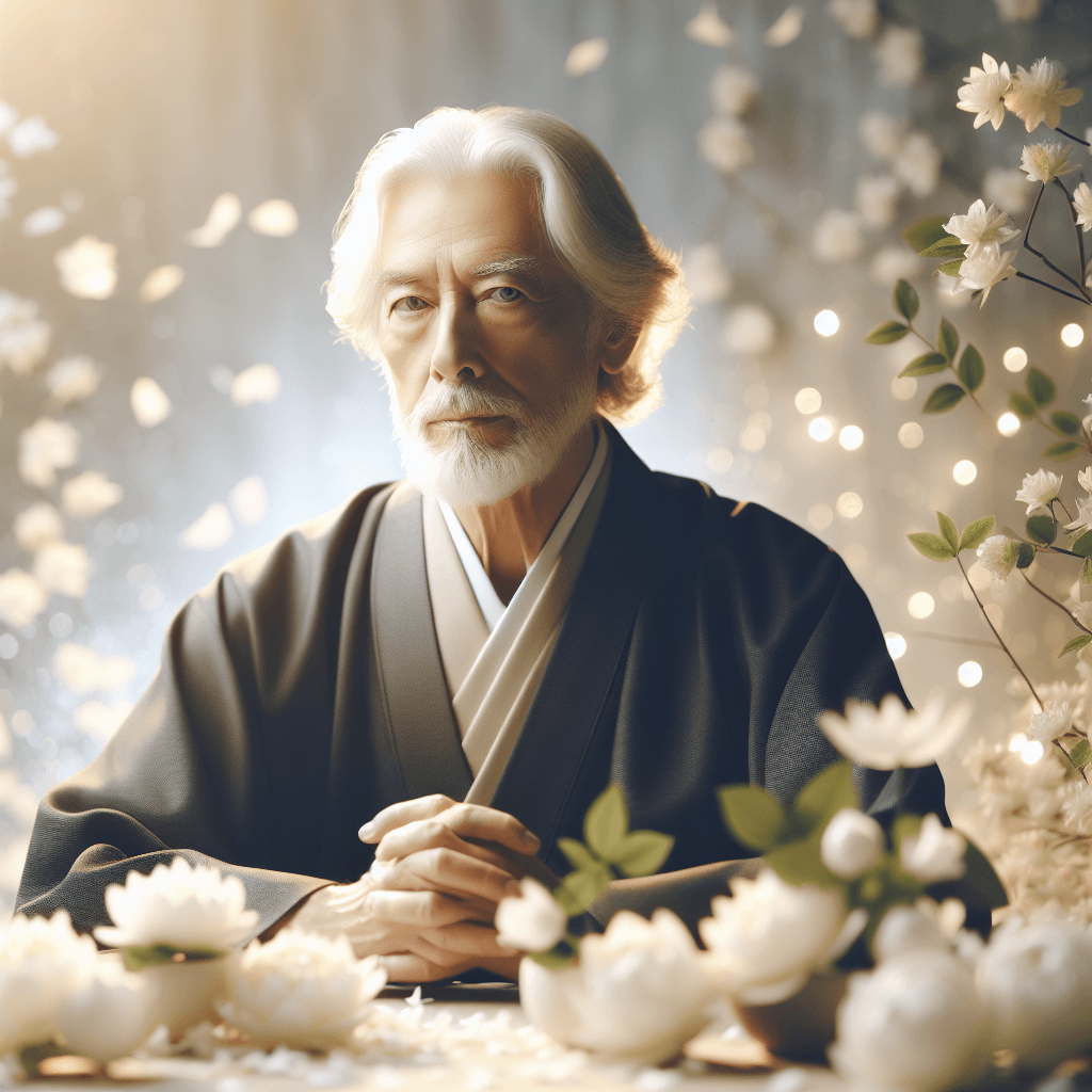 A serene portrait of Emeritus Professor Mahinda Palihawadana surrounded by white flowers, symbolizing wisdom, respect, and a gentle farewell.