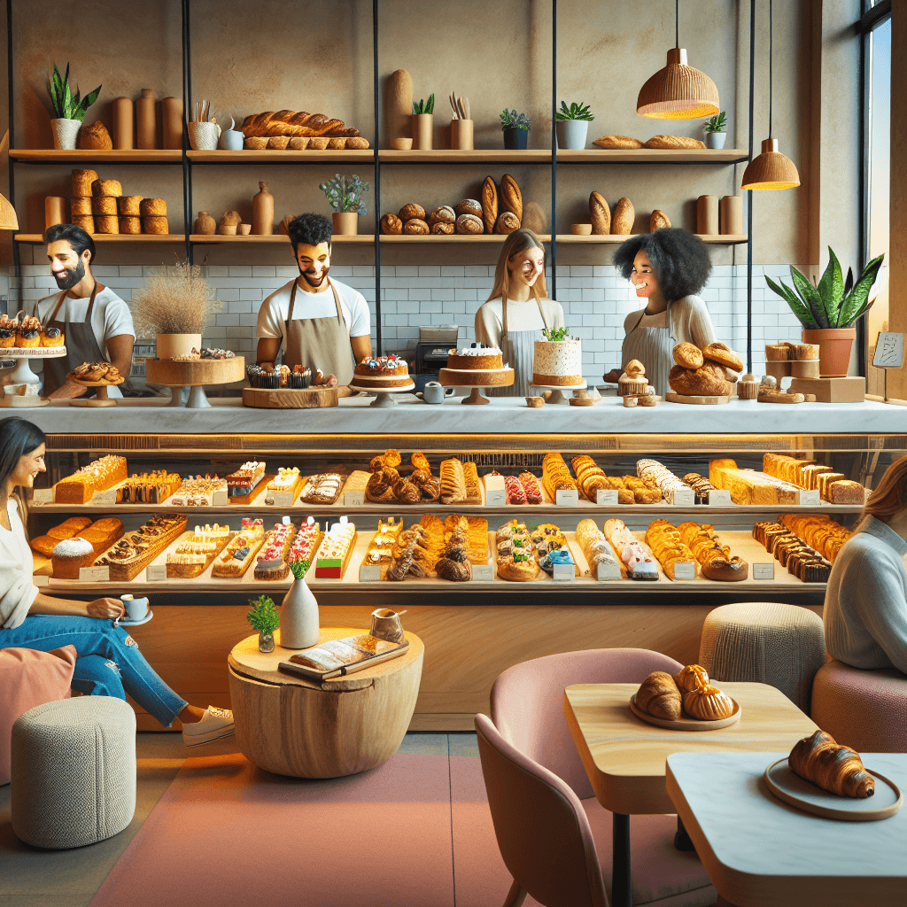 A vibrant bakery counter filled with delicious gluten-free pastries, breads, and cakes, with happy customers enjoying treats in a cozy, modern setting.