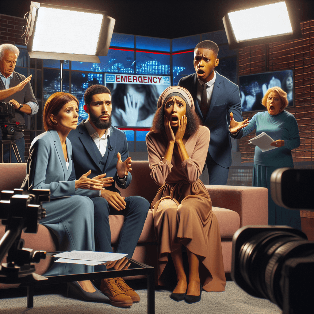 A TV talk show set with concerned hosts, a shocked woman, and a producer in the background, emphasizing a tense atmosphere and health emergency.