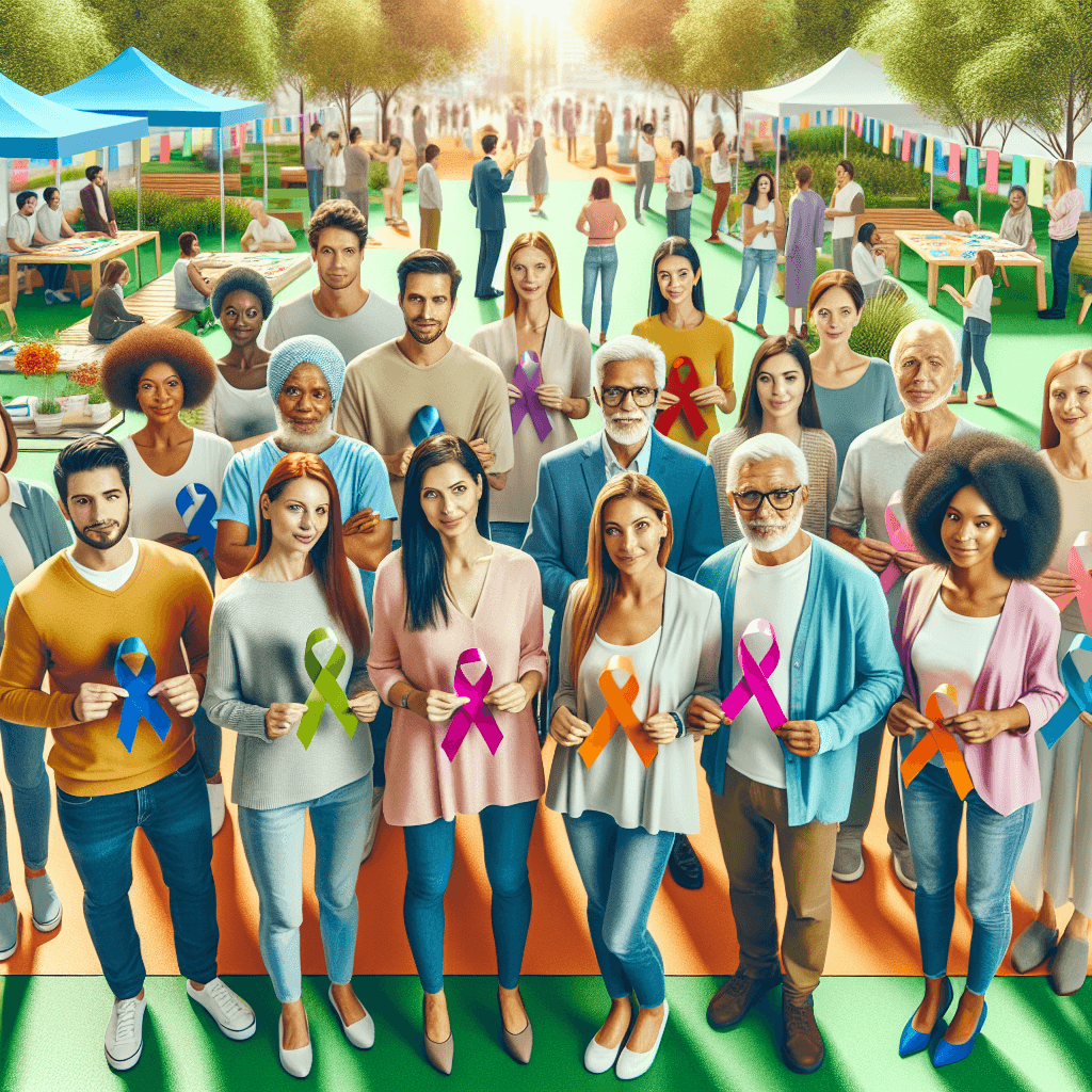 Diverse group of people from various ethnic backgrounds coming together with supportive expressions, holding awareness ribbons, in a bright community setting.