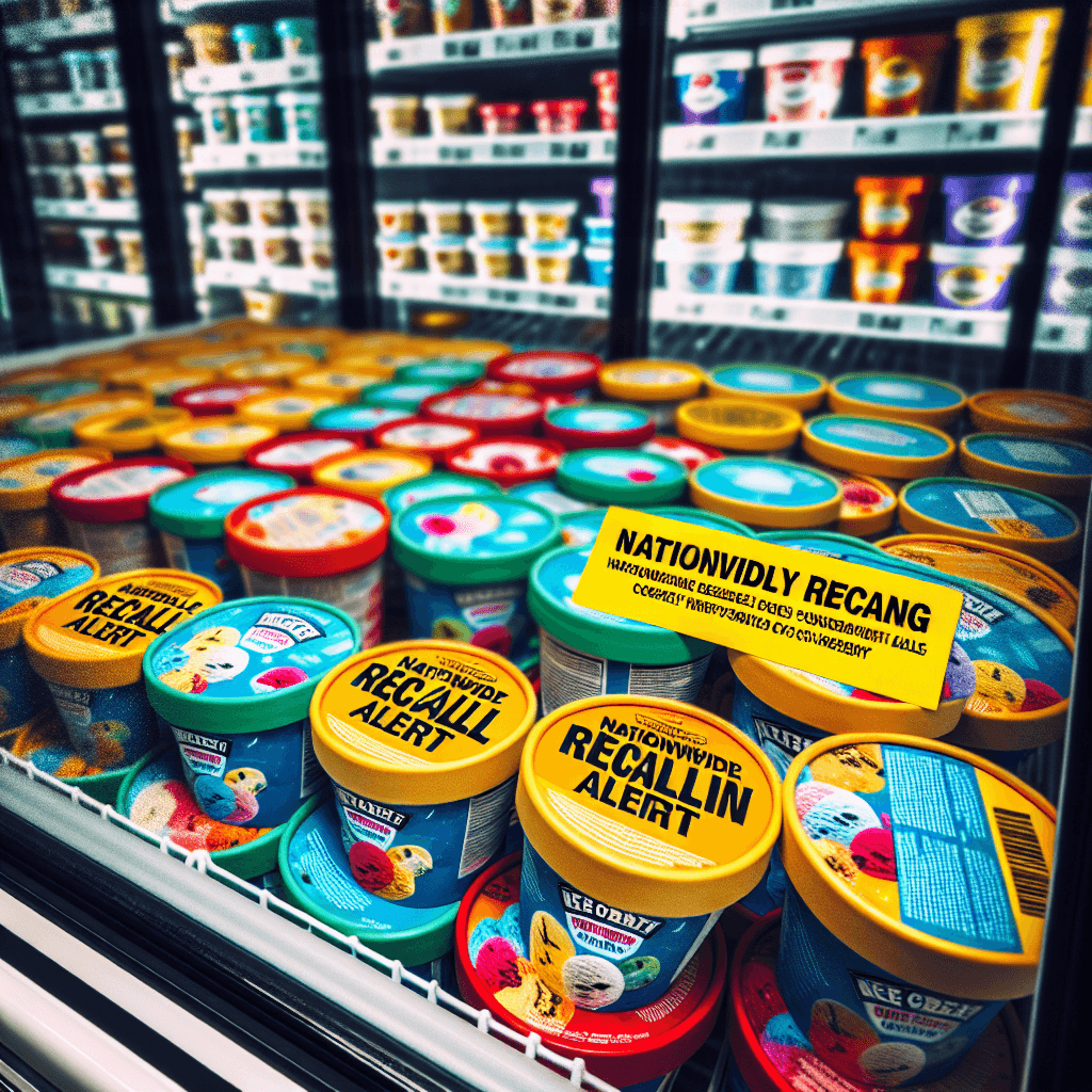 A close-up of assorted ice cream tubs with a warning label, placed in a supermarket freezer, highlighting a nationwide recall alert.