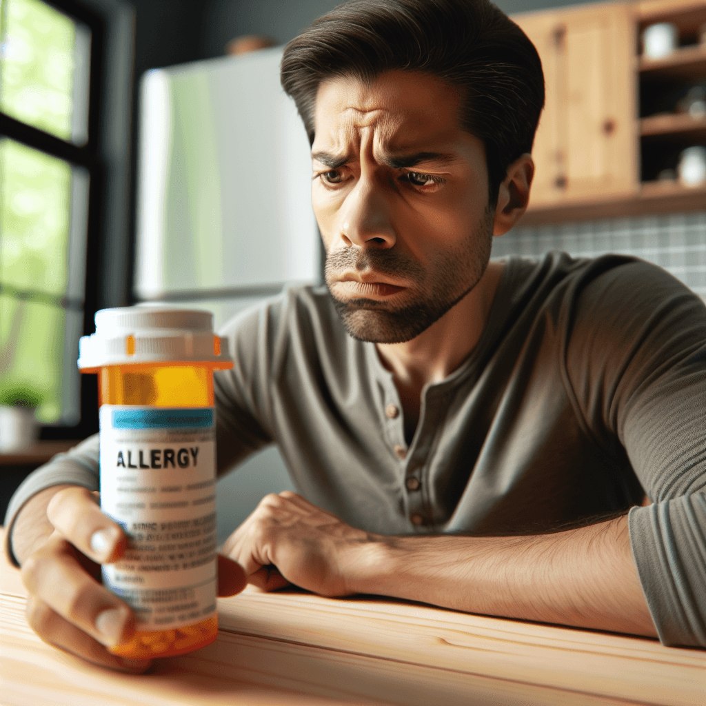 A concerned adult reading a prescription bottle label with allergy medication on a kitchen table, highlighting caution and awareness.