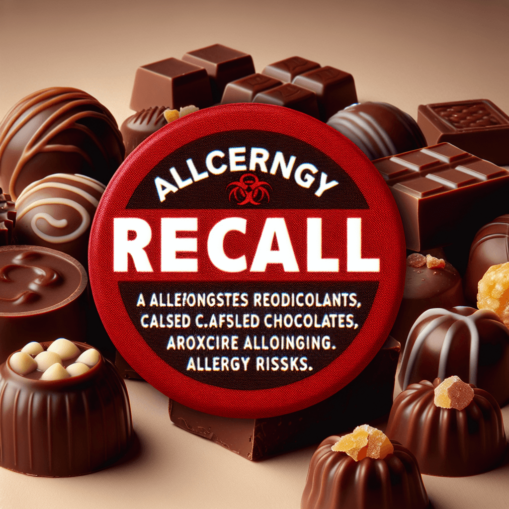 A close-up photo of assorted chocolate candies with a red recall warning label, highlighting allergy risks, on a neutral background.