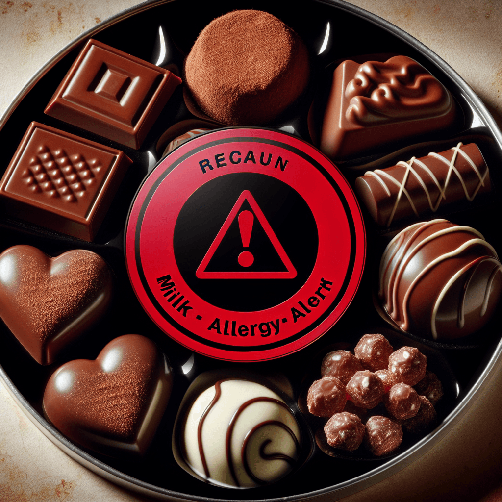 Close-up of assorted chocolate candies with a red recall warning label and a milk allergy alert symbol in the background.