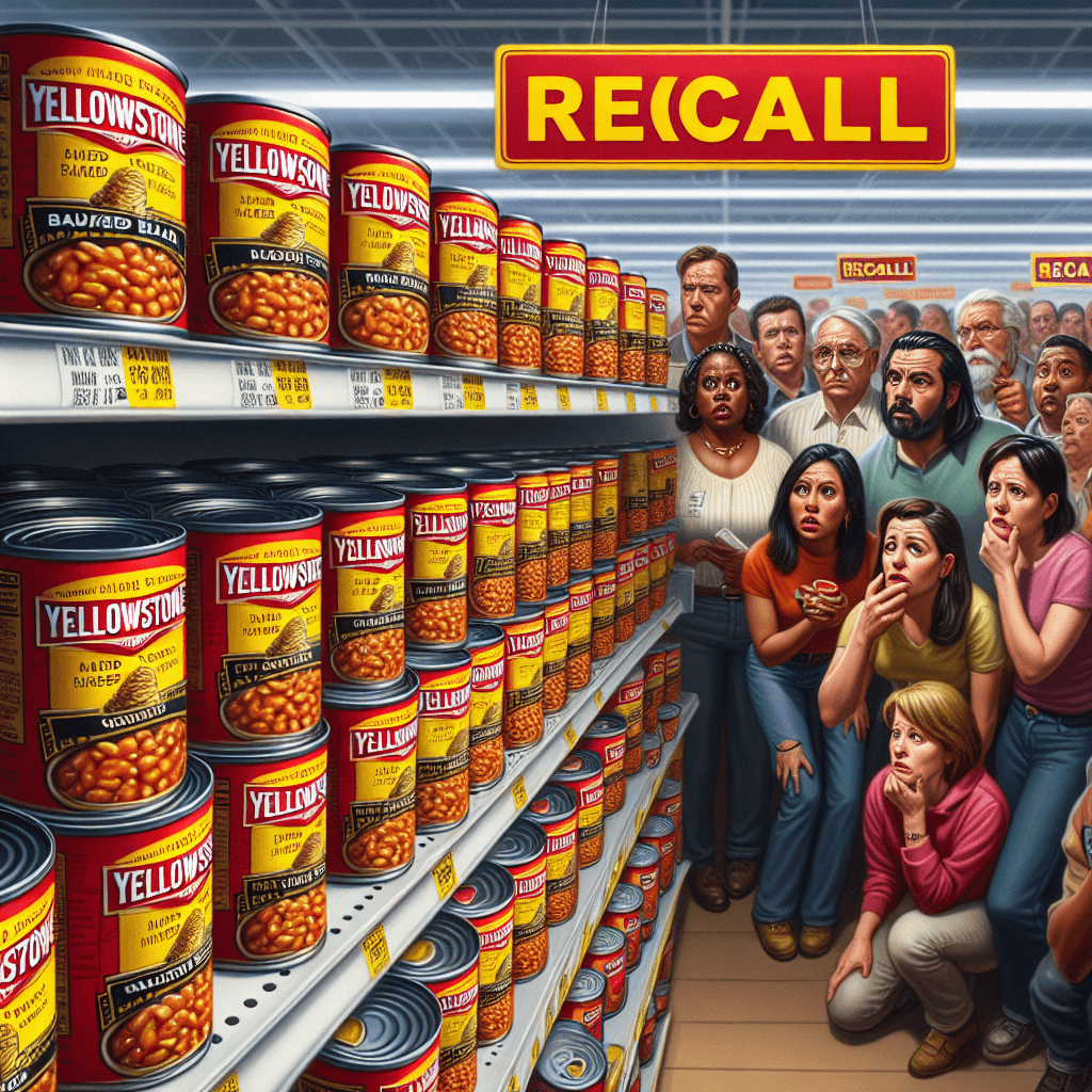 A supermarket shelf with several cans of 'Yellowstone' baked beans, some marked with a bright red recall notice, and concerned shoppers in the background.