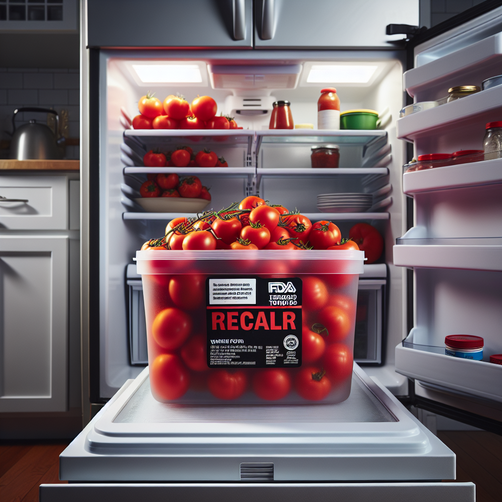 A refrigerator door open, revealing a container of fresh red tomatoes with a warning sign and FDA recall notice visible, kitchen background.
