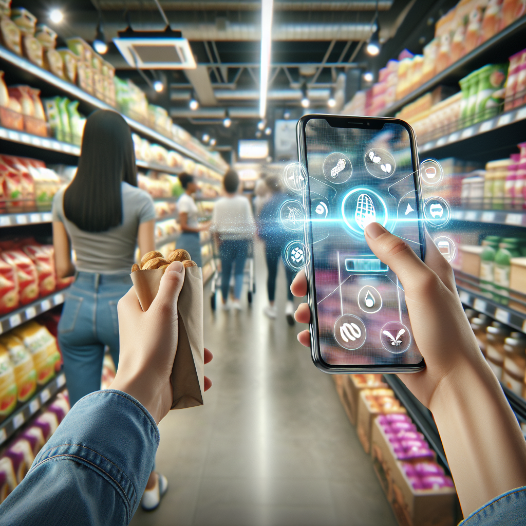 A smartphone scanning a plate of food, highlighting allergen detection with digital icons and a clean, modern kitchen background.