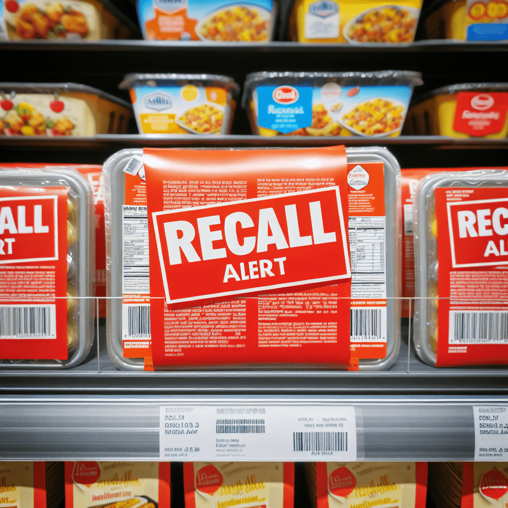A close-up of packaged food items on a grocery store shelf with a red recall warning label, emphasizing consumer safety and alertness.