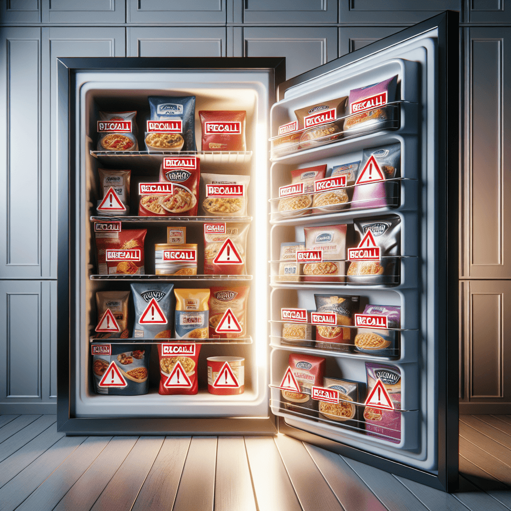 A home freezer door open, with various packaged frozen meals inside, some highlighted or marked with a warning symbol, conveying a product recall alert.