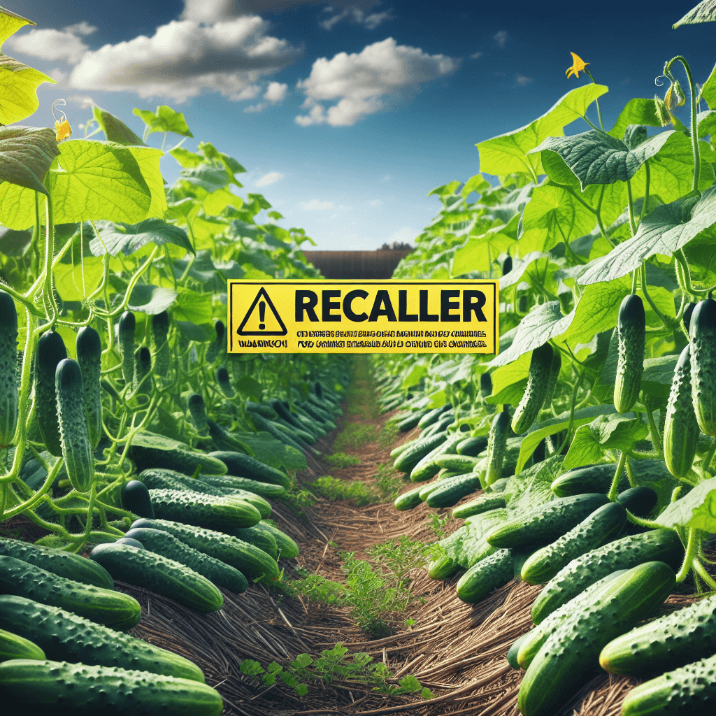 Fresh green cucumbers in a farm field with a recall warning label, emphasizing food safety and health concerns.