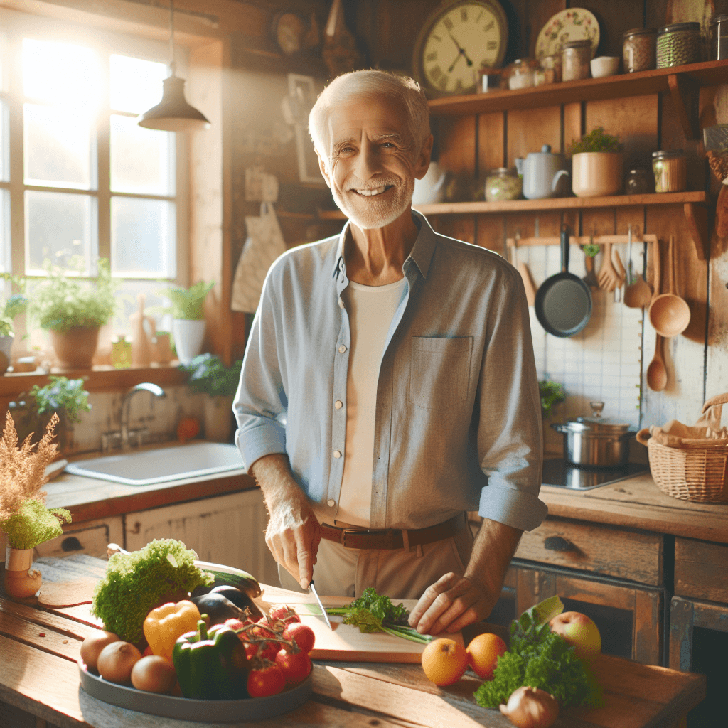An elderly man smiling in a cozy kitchen, preparing a healthy meal with fresh vegetables and fruits, sunlight streaming through the window.