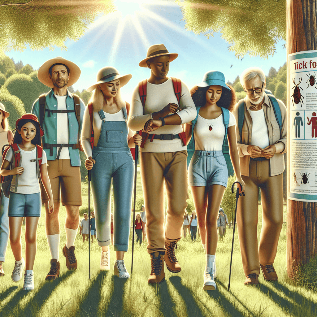 A family hiking in a sunny park, wearing hats and long sleeves, checking for ticks after outdoor activities, with a public health awareness poster in the background.