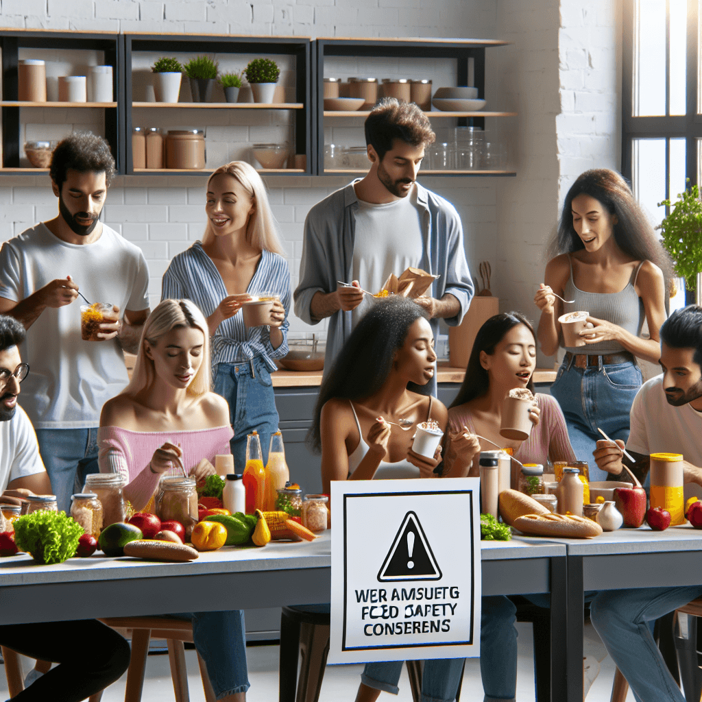 Diverse group of people eating various packaged health foods in a bright kitchen, with a subtle warning sign overlay, highlighting food safety concerns.