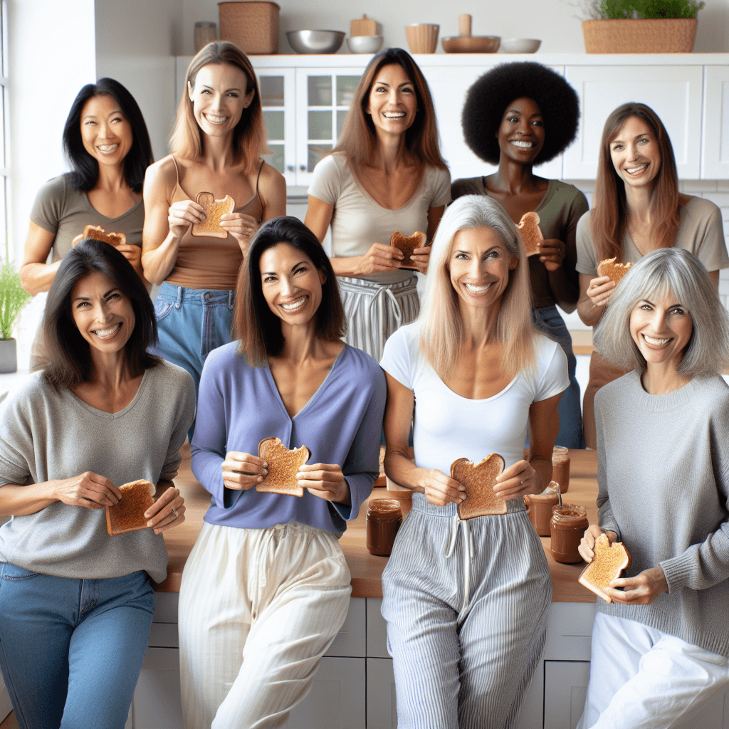 A diverse group of smiling women of various ages enjoying high-protein nut butter on whole grain toast in a bright, modern kitchen.