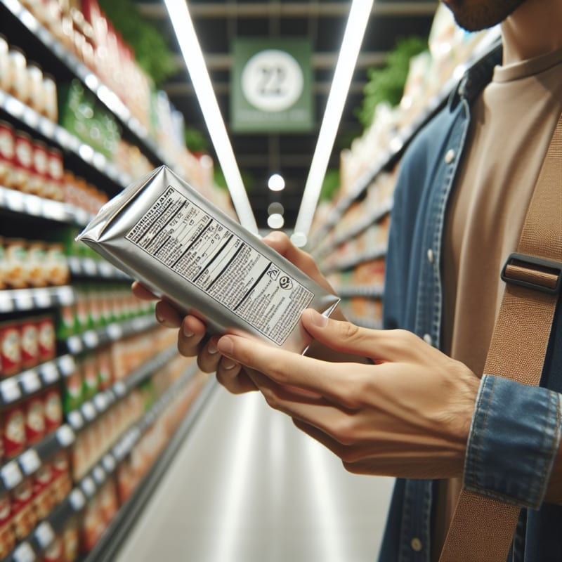 A close-up of a person reading a food label in a grocery store aisle, highlighting ingredient lists and animal product symbols, with a modern, clean background.
