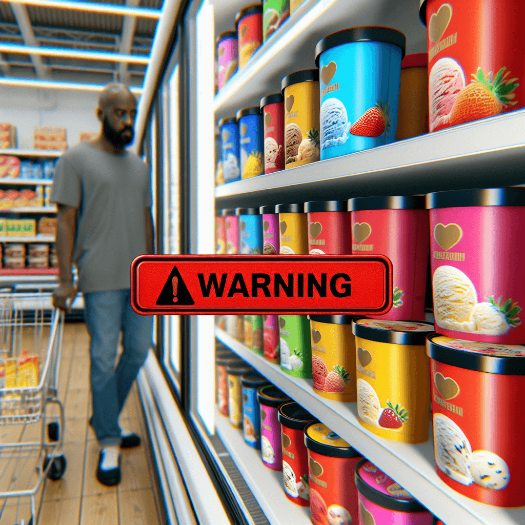 A close-up of various branded ice cream tubs on a supermarket freezer shelf, with a bold red warning label overlay and a concerned shopper in the background.