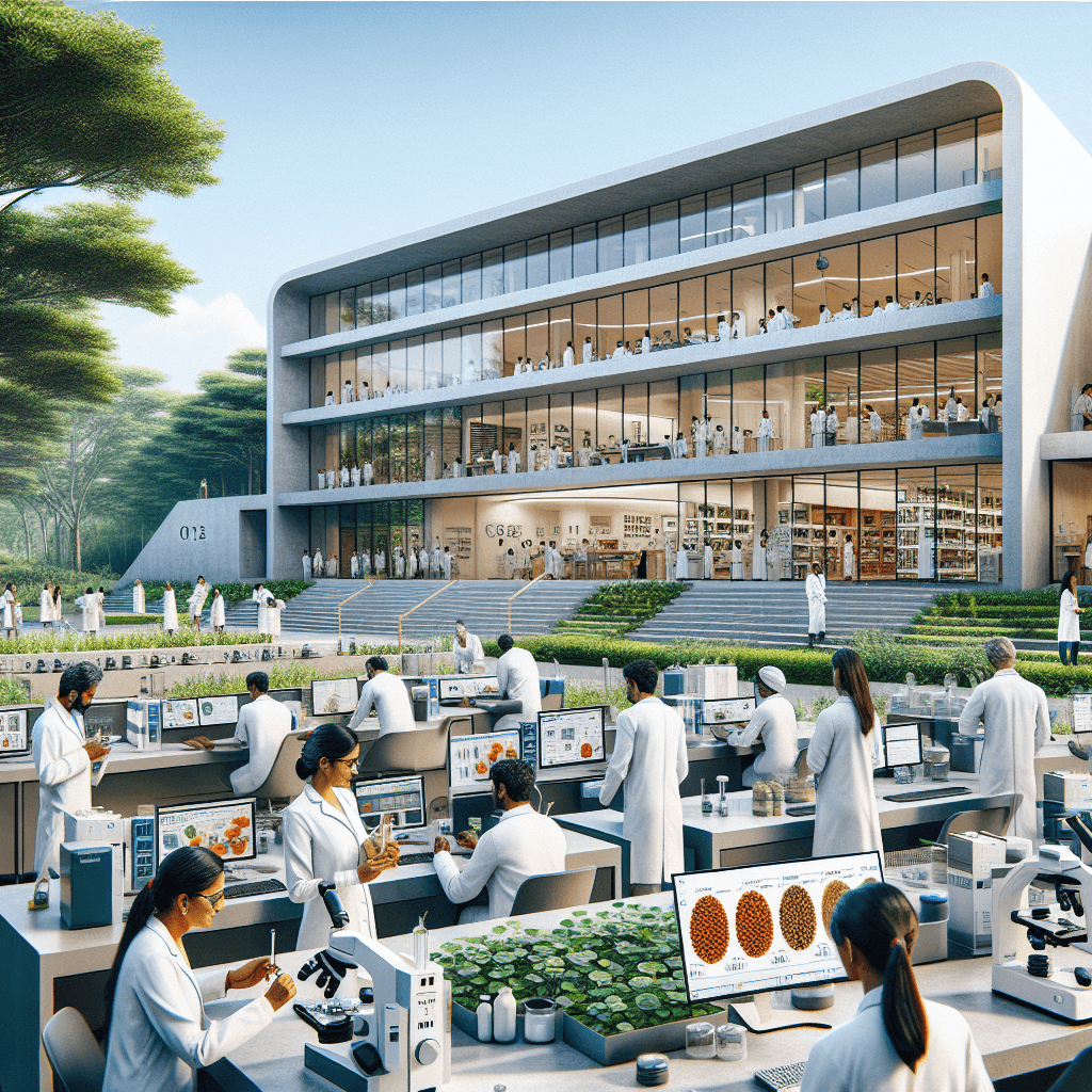 A modern research facility in Bengaluru with scientists from Indian Institute of Science and Tufts University collaborating on nutrition science projects.