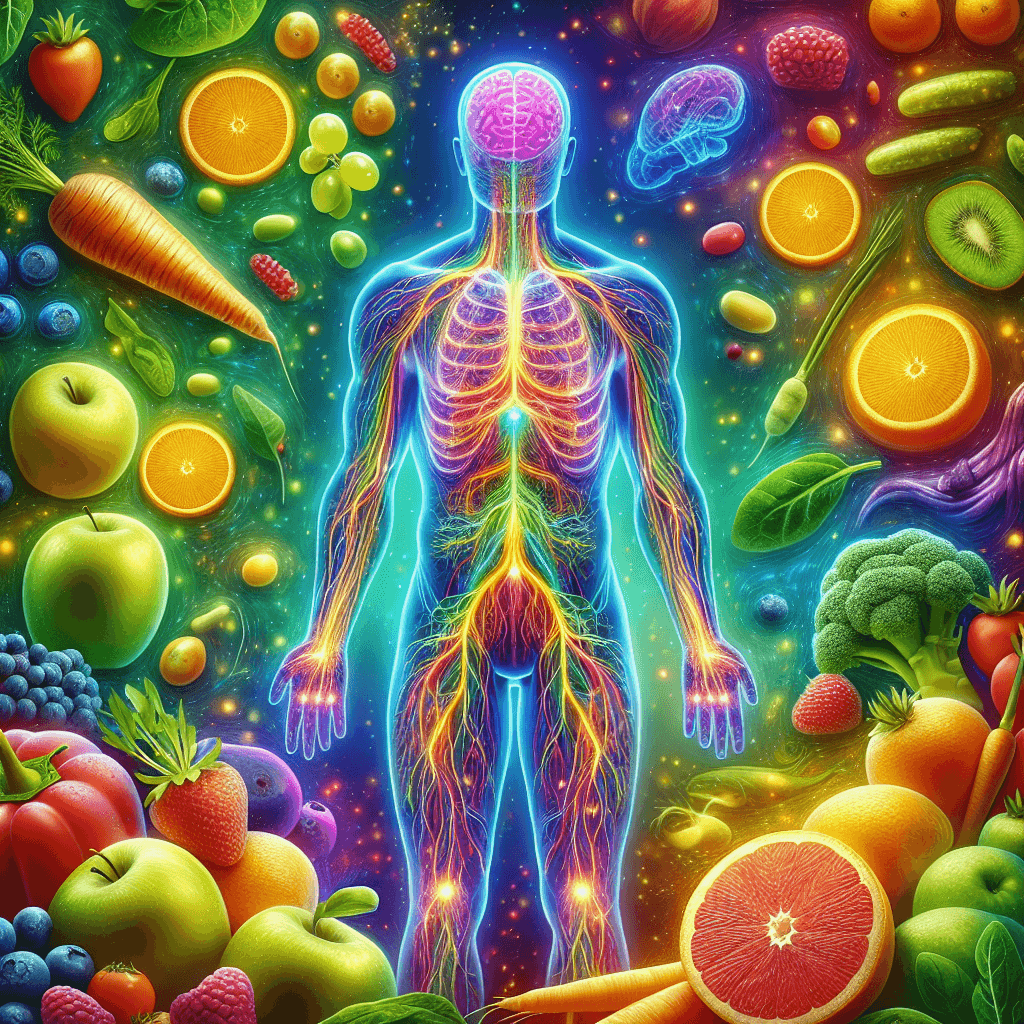 A vibrant illustration of the human body highlighting internal nutrient pathways, with a backdrop of fresh, colorful fruits and vegetables representing diverse food sources.