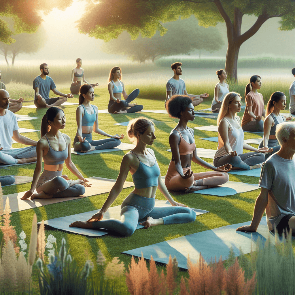 A serene morning scene of diverse people practicing yoga outdoors, focusing on gentle poses suitable for diabetes management, with a peaceful natural background.