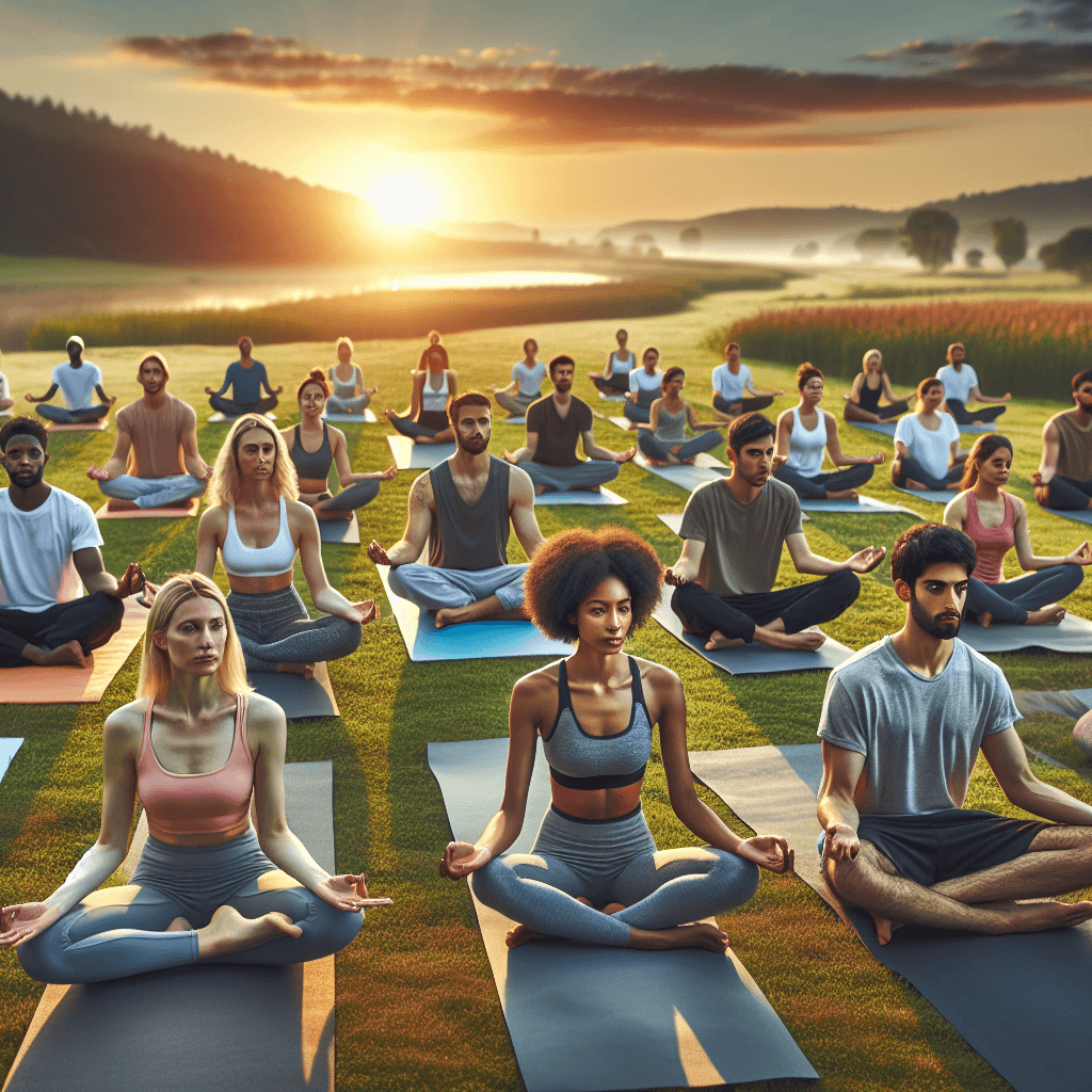 A diverse group practicing yoga outdoors at sunrise, focusing on gentle poses, with a peaceful background suggesting holistic wellness and diabetes management.