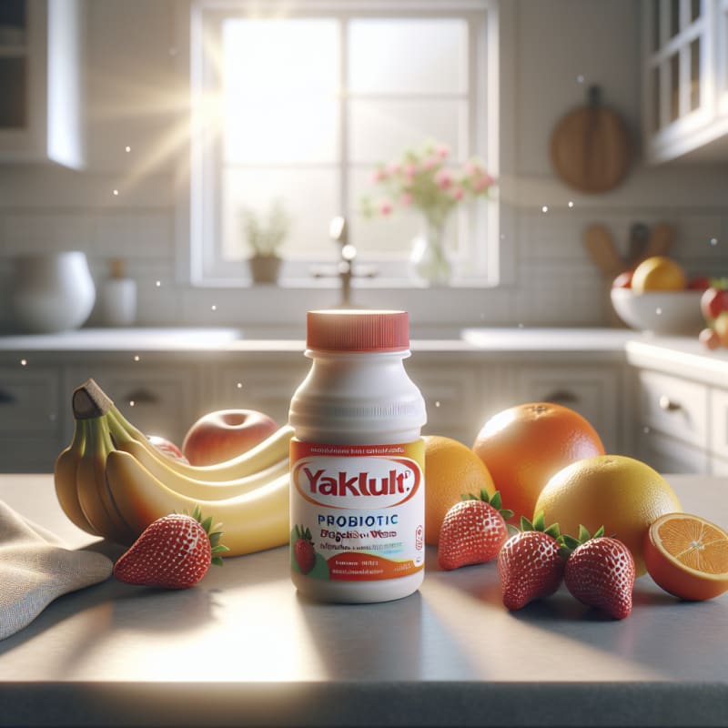 A small Yakult probiotic bottle on a clean kitchen counter, surrounded by fresh fruits and a gentle morning light, highlighting digestive wellness.