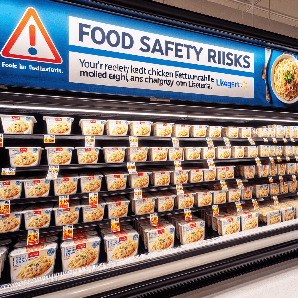 A refrigerated grocery store shelf displaying packaged chicken fettuccine alfredo meals from Kroger and Walmart, with a warning sign about Listeria.