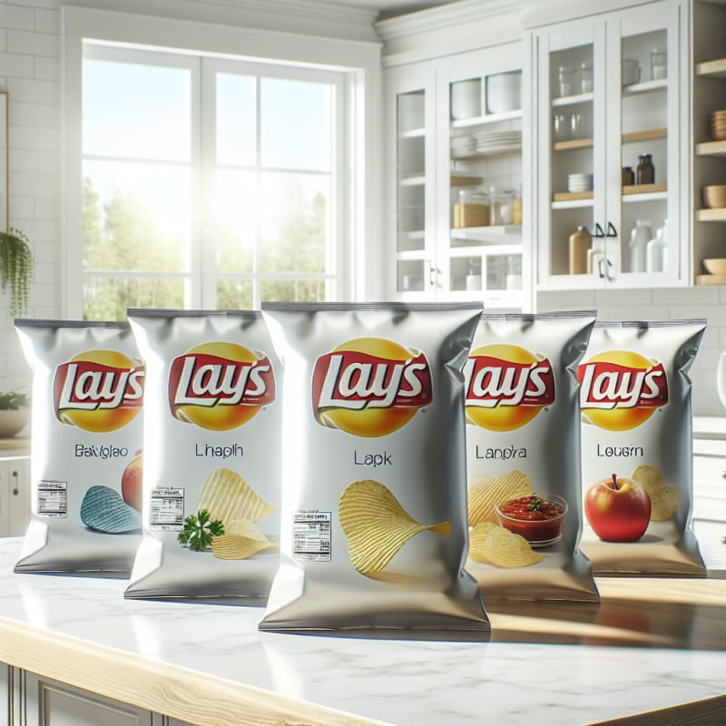 A close-up of assorted Lays potato chip bags with visible nutrition labels, highlighting allergen information in a bright, modern kitchen setting.
