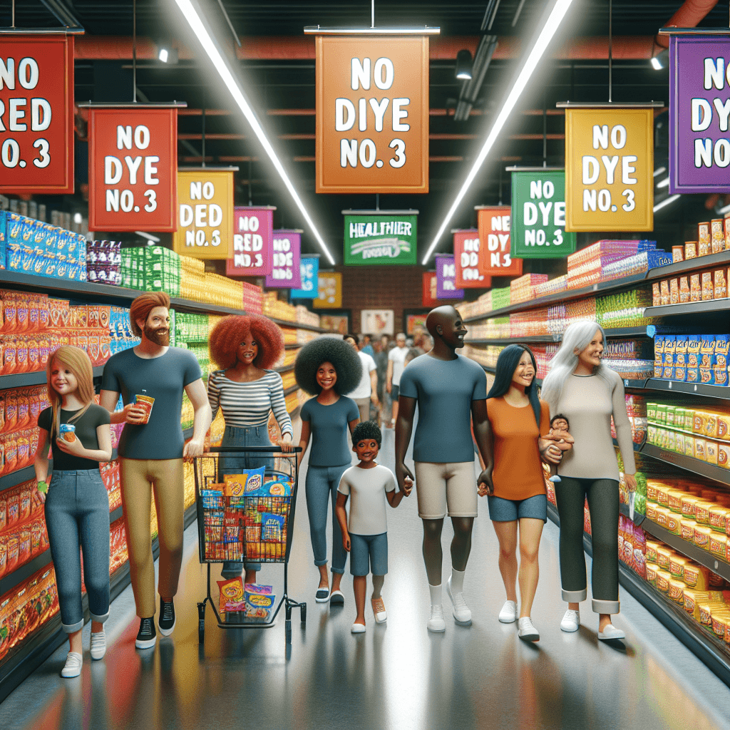 A colorful supermarket aisle with diverse packaged foods, some labeled “No Red Dye No. 3,” families shopping, and clear, friendly signage about healthier food options.