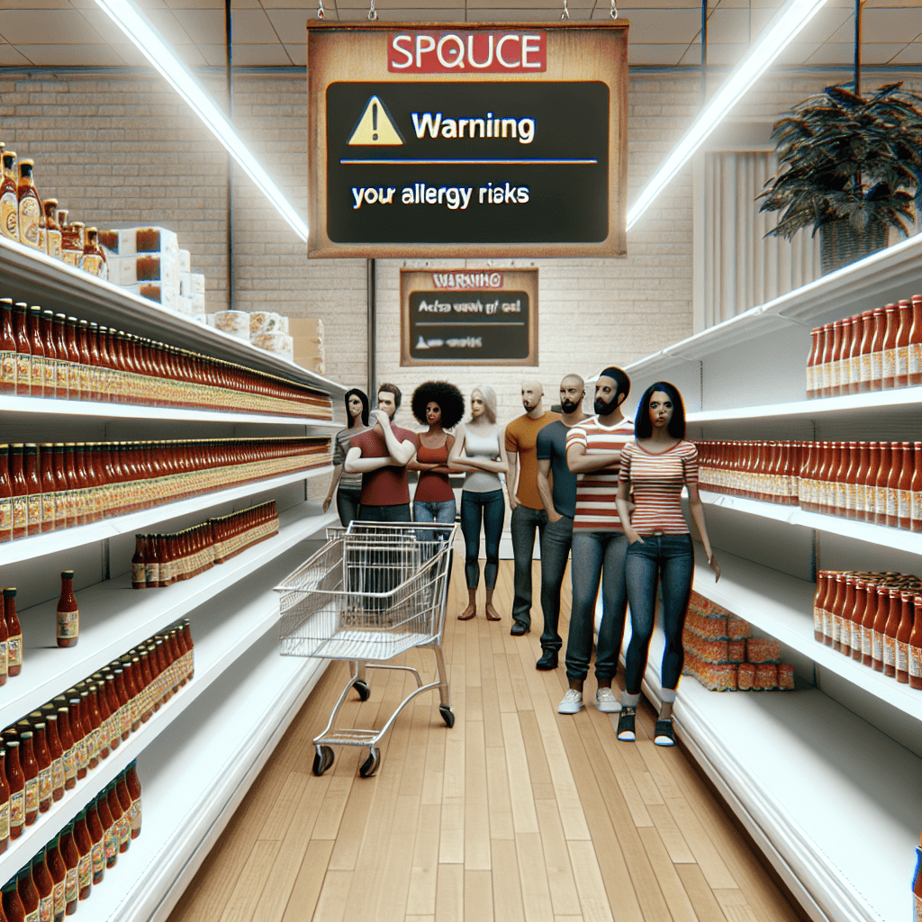 A supermarket aisle with empty shelves where sauce bottles usually stand, a warning sign about allergy risk, and concerned shoppers looking at the display.