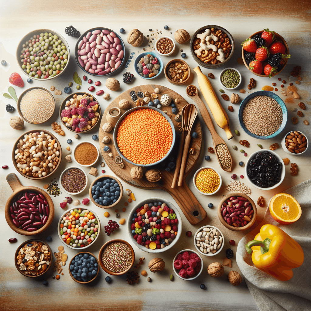 A vibrant flat lay of various high-fibre foods like beans, lentils, berries, nuts, seeds, and whole grains, artistically arranged on a kitchen table.