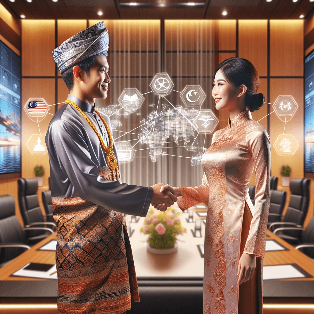 A business handshake between Malaysian and Vietnamese officials with halal products and global trade icons in the background.