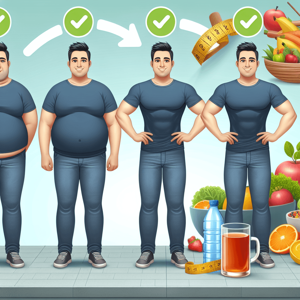 Overweight man transforming to fit, healthy physique, standing confidently, with a background showing healthy foods, water, and tea.