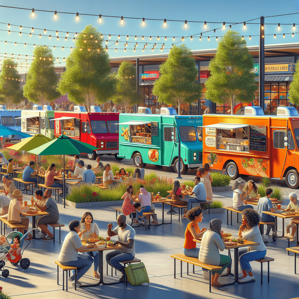 A vibrant food truck park in Merced, California with colorful trucks, outdoor seating, families enjoying diverse street food, and sunny California skies.